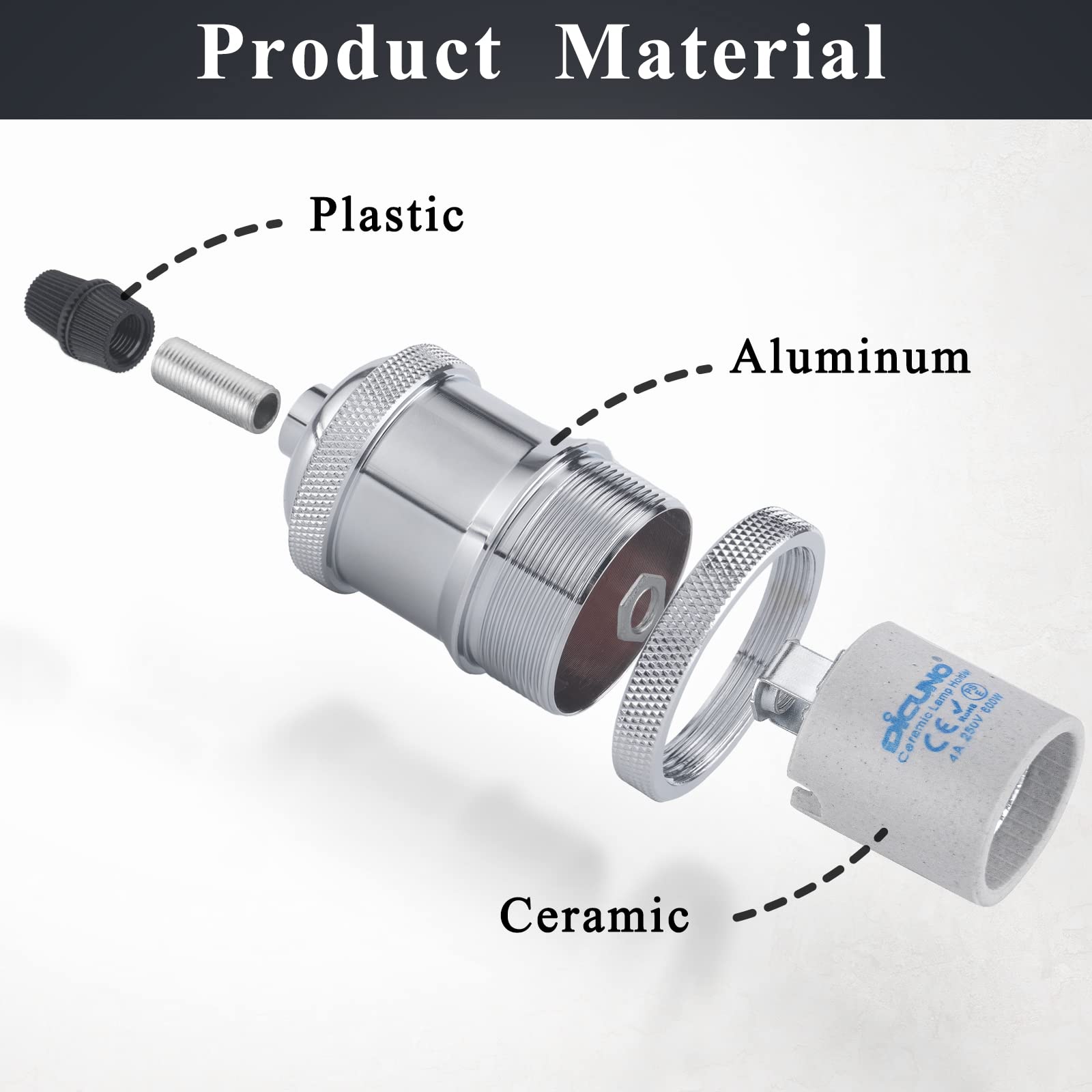 DiCUNO E27 Vintage Portalampada, Edison retro lampada a sospensione, Adattatore in ceramica solida, 10 Pezzi di colore cromato socket