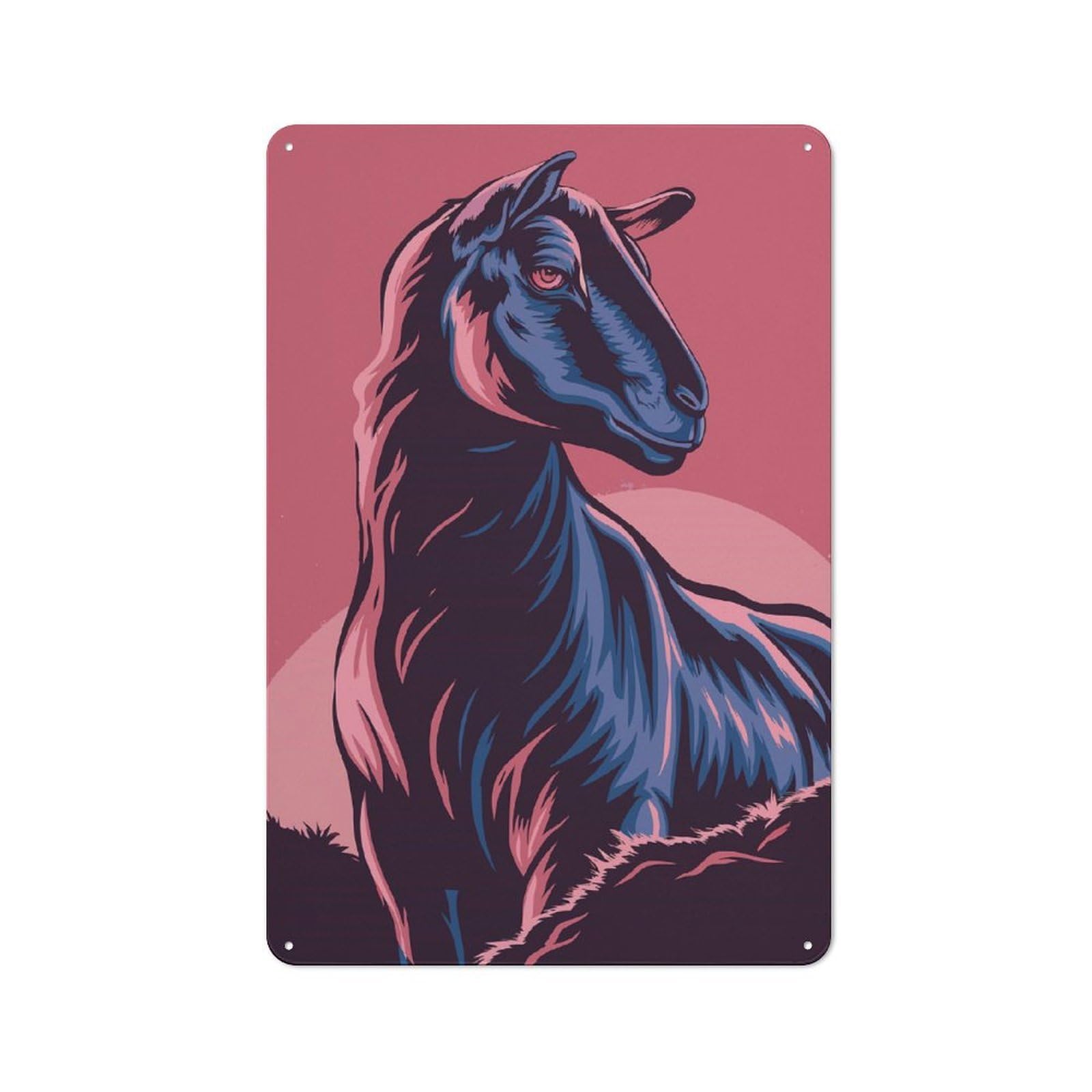 Junmoney Stylized Goat Portrait With Pink Background Friendly Metal Wall Decor 30X20cm, Decorative Metal Plaque For Coffee Bar, Small Shop Or Dining Room