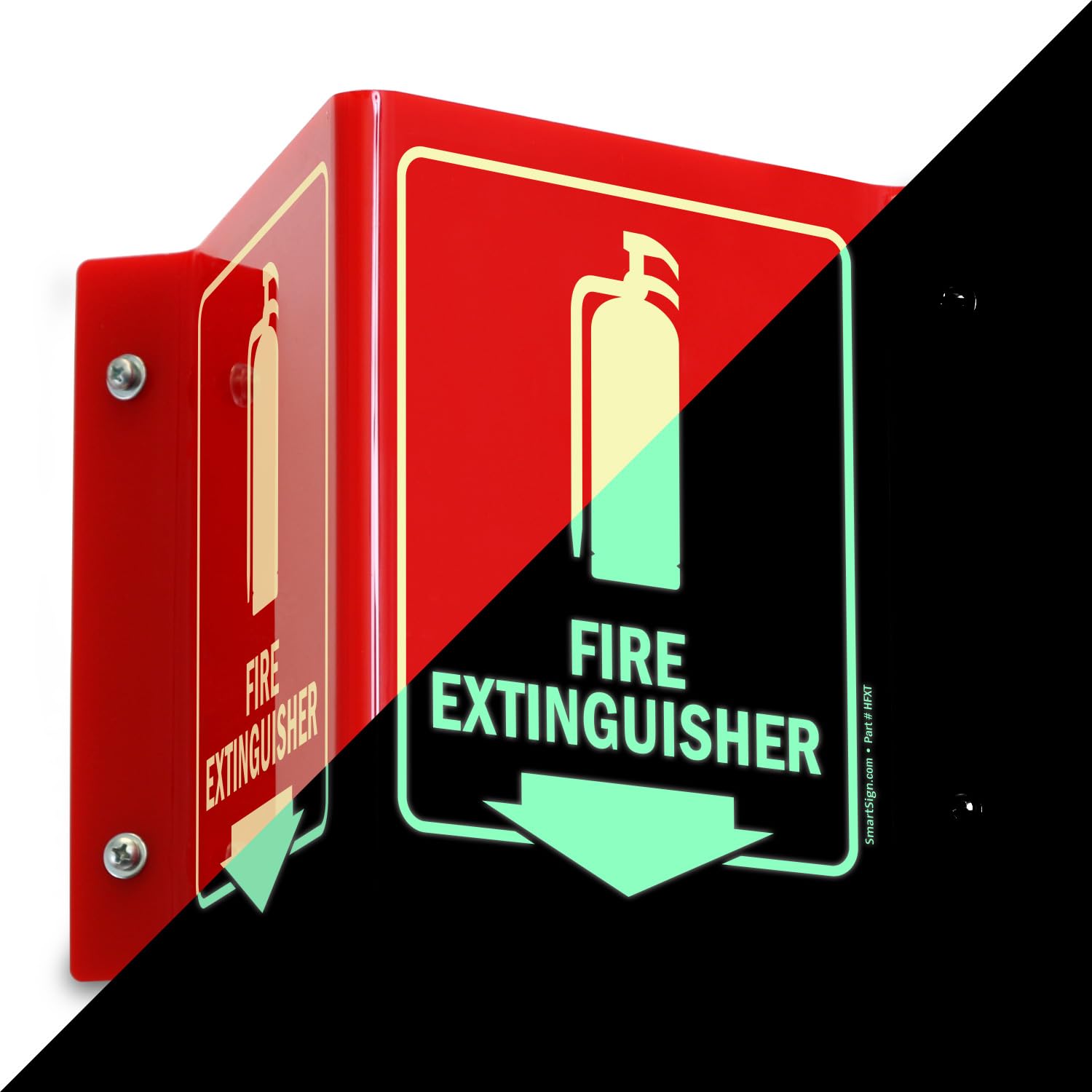SmartSign "Fire Extinguisher" Two-Sided V-Shaped Projecting Sign with Down Arrow, 6 x 5 inch, 120 mil Thick Glow-In-The-Dark Polished Acrylic,