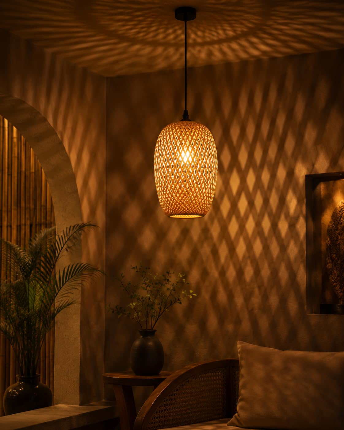 ROYAL 11 ART & CRAFT Bamboo Lampshade | Pendant Lamp | Boho Lamp Shade | Cane | Rattan Lampshade | Hanging Light for Home Office/Living Room/Hotel/Cafe/Restaurant | Color-Beige/Size-30x18 Cm