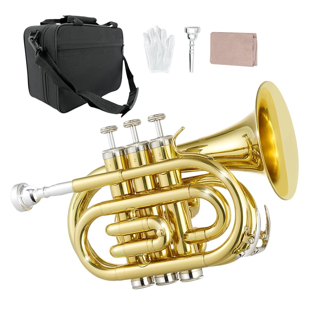 Pocket Trumpet Brass Bb Flat Trumpet Portable with 7C Mouthpiece,Hard Case,Cleaning Kit,Strap,Gloves for Beginners,Christmas Birthday Gift. (golden)