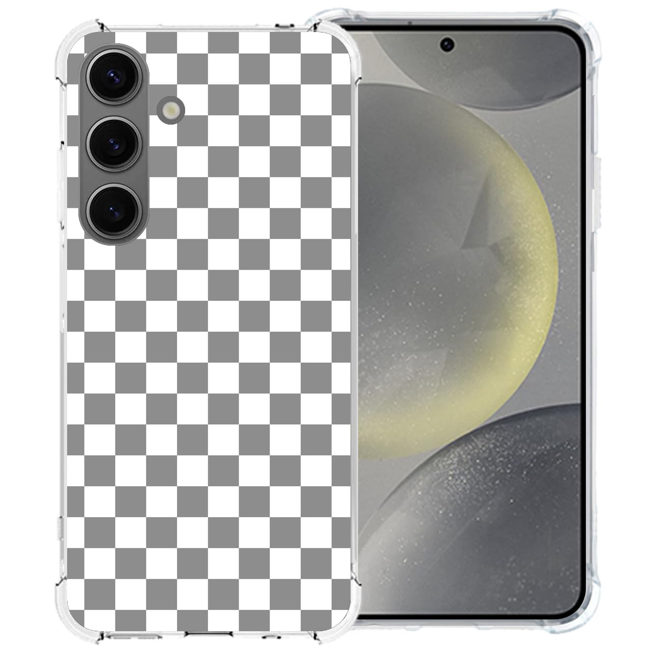 zaztify Phone Case for Samsung Galaxy S24, Grey White Grid Plaid Checkered Checkerboard Regular Lattices Cute Shockproof Protective Soft Clear Cover