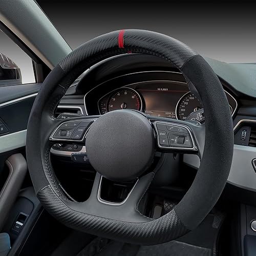 Miniatura 3 de Carodi Funda de gamuza de fibra de carbono para volante, de cuero antideslizante, ajuste interior de automóvil de 15 pulgadas, universal (forma de