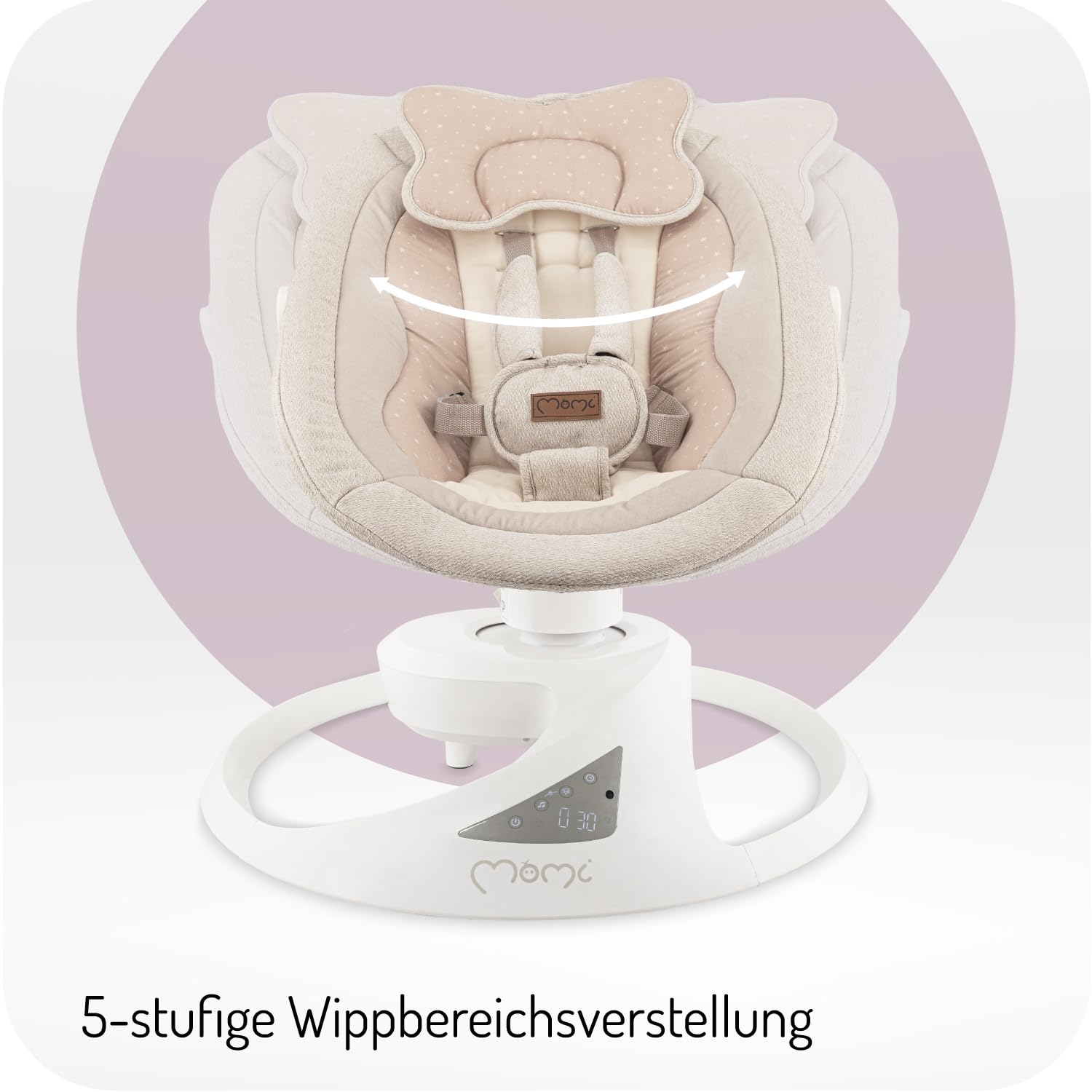 MoMi Babywippe PEARL für Babys bis 9 kg, 360° drehbarer Sitz, LED-Panel, Bluetooth, Fernbedienung, Batterie- oder Netzbetrieb, Netzteil mit USB-Kabel, 5-Punkt-Sicherheitsgurt, Bügel und Spielzeug