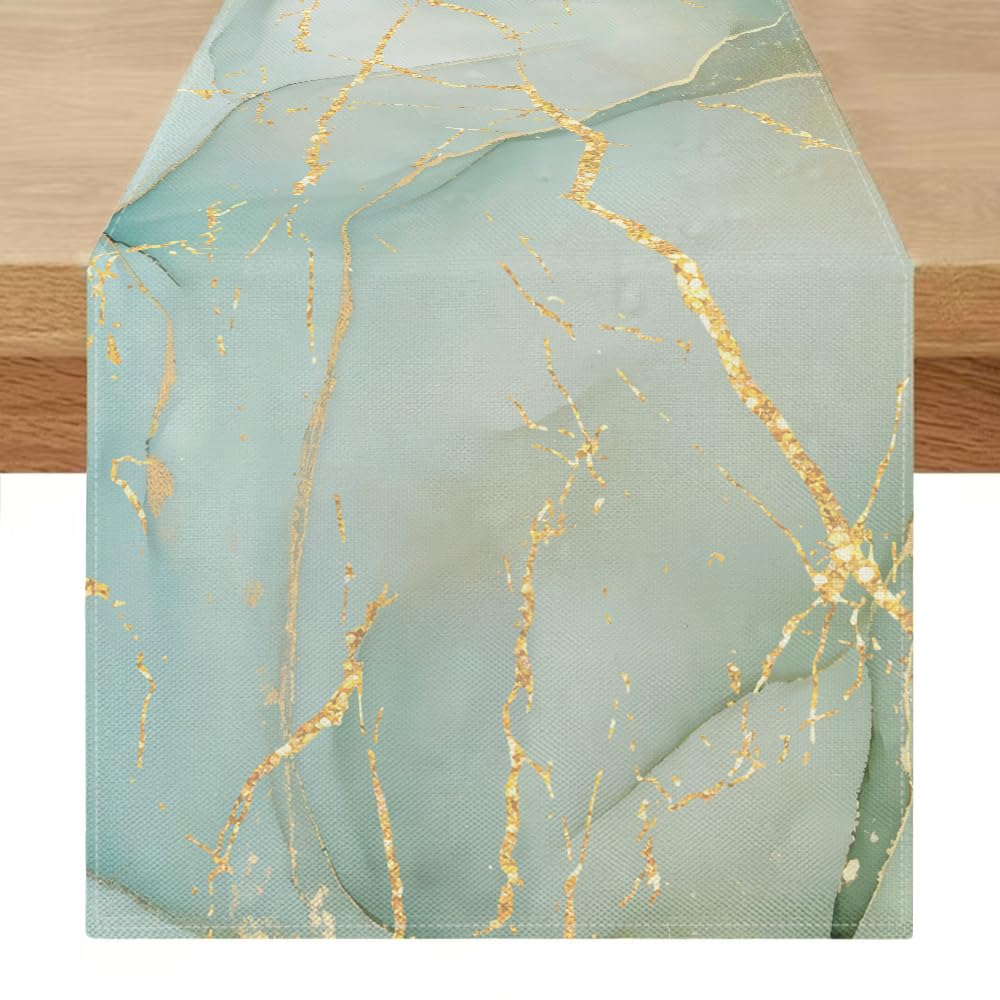 Table Runner Modern Grey Green Marble Golden Texture Abstract Art Multicolored Runner Table Linen Washable Seasonal Kitchen Table Decoration for Dining Room Kitchen Table Bedroom 40 x 200 cm