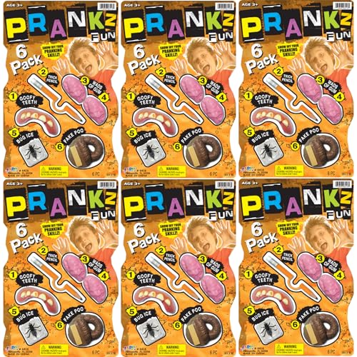 JA-RU Prank Kit for Kids (6 Pack) – Funny Gag Toys Set with Ugly Fake Teeth, Fake Poop, Prank Gum, Bug in Ice & Pencil Through Finger, Funny Prank Gifts for Kids. 6416-6s