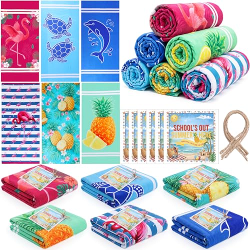 Mindsoft 12 Pcs Beach Towel Gift for Teacher Bulk Includes Teacher Appreciation Beach Towels Cards...