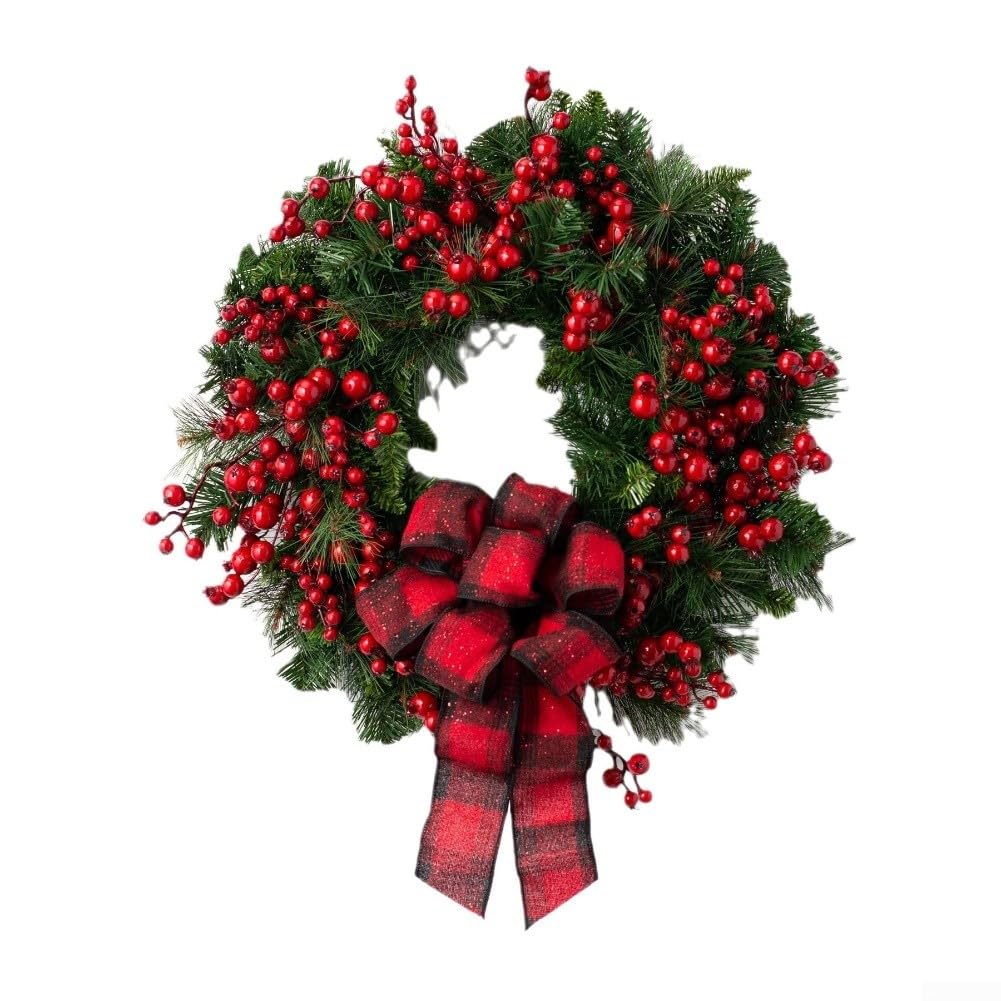 Couronne de vacances avec baies de houx rouges artificielles, conçue pour porte et mur, décoration saisonnière résistante aux intempéries (30 cm)