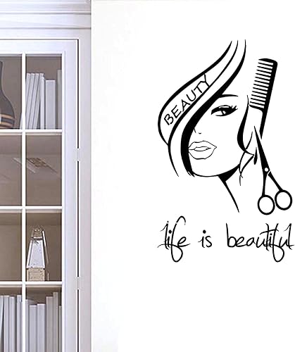 Miniatura 10 de BIBITIME Calcomanía de pared moderna de belleza con tijeras de peluquería y peluquería de pelo cortado con tijeras, calcomanía de pared para