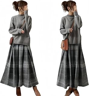 [YUANYUAN] レディース ２点セット ニットセーター+チェック柄スカート 上下セット セットアップ スカートスーツ 秋服 冬服 ハイネック ギンガムチェック ロング丈 カジュアル ゆったり 可愛い オシャレ ギャザー 切り替え 春 秋 冬