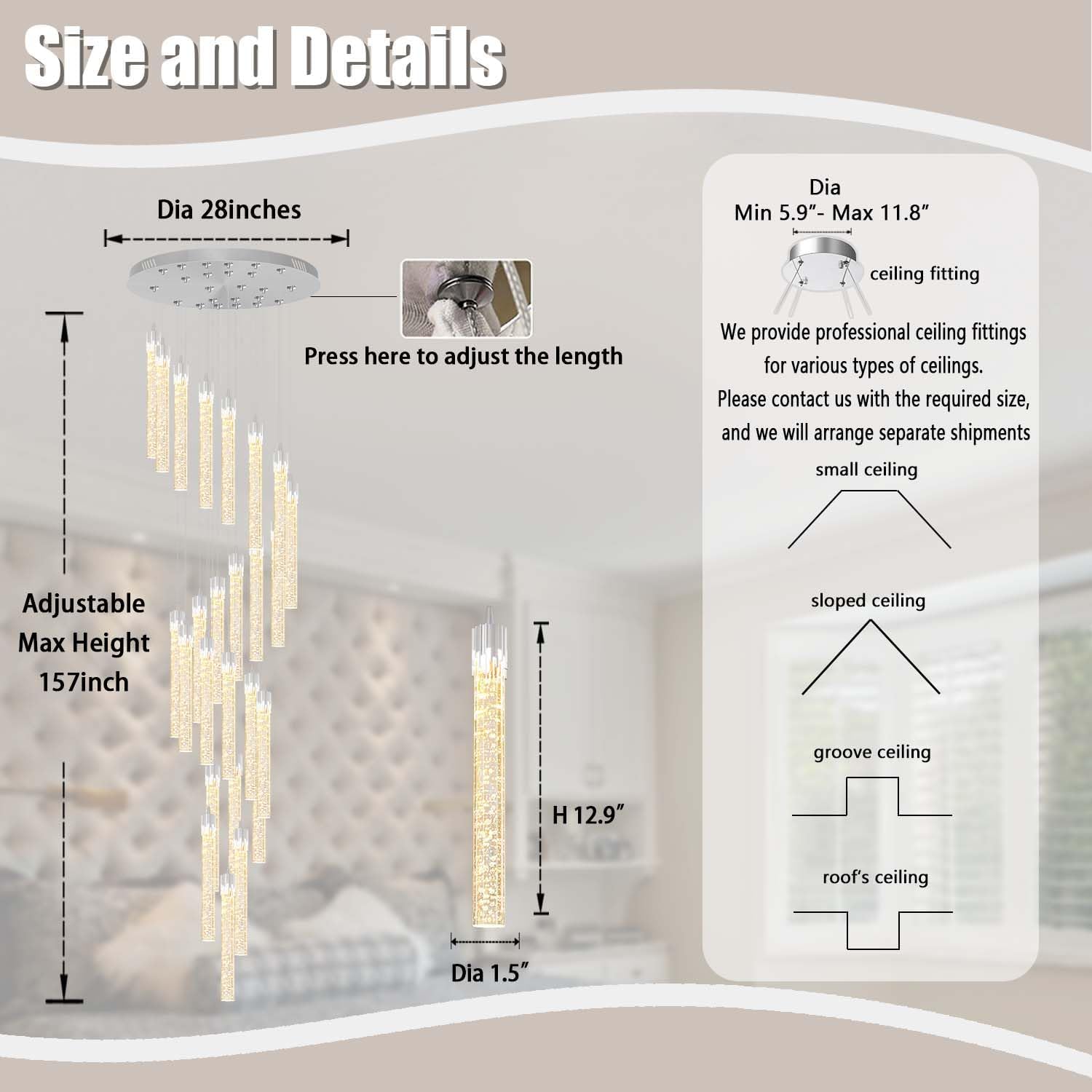 157" Long Light 25-Lights Silver Chandeliers for Entryway High Ceiling Pendant Lights Crystal Drop Light for Living Room Foyer Hallway Staircase