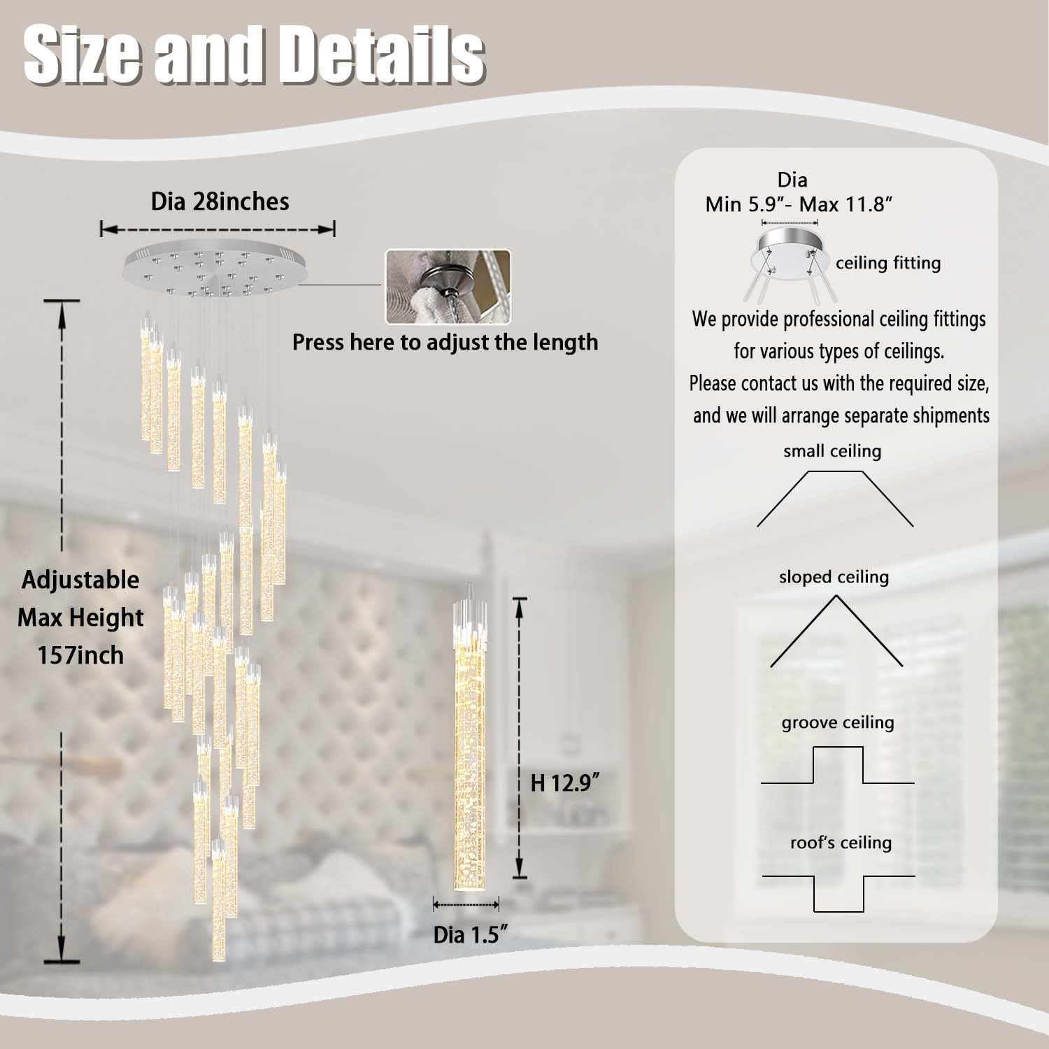 157" Long Light 25-Lights Silver Chandeliers for Entryway High Ceiling Pendant Lights Crystal Drop Light for Living Room Foyer Hallway Staircase