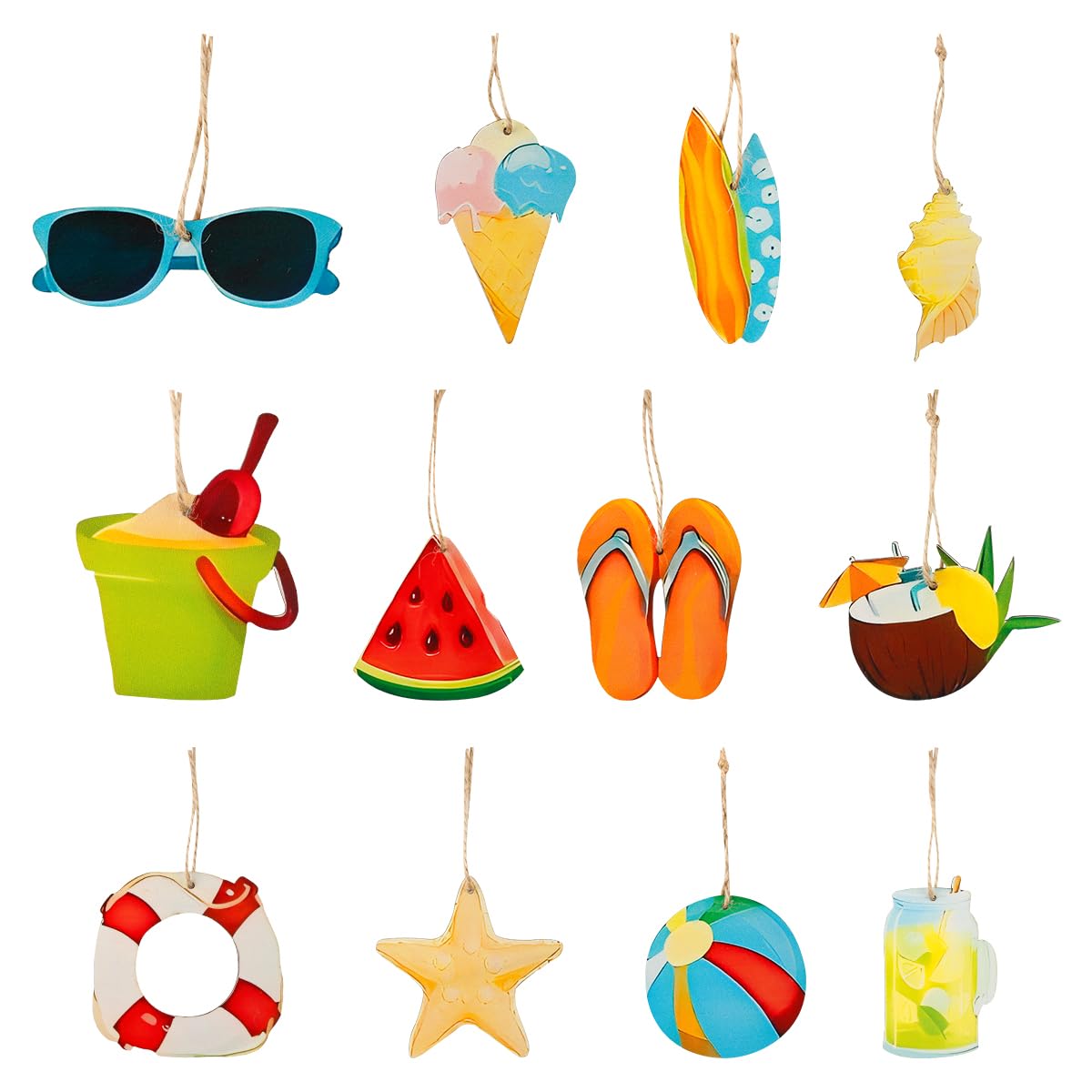 Lotsdonxia 12 PCS Hawaiian Hanging Ornaments – Tropical Wooden Luau Party Decorations for Summer Beach, Garden & Pool Parties, Reusable Pendants with Strings