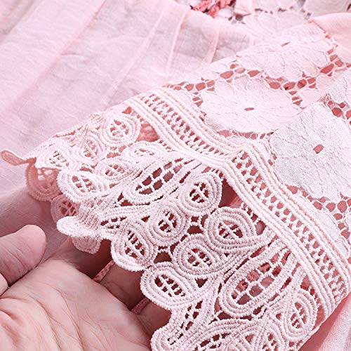 Plus Size Blouse Women Vintage Lace Patchwork Bow V-Neck Embroidery Summer Three Quarter Retro Solid Tops T-Shirt S-5Xl Pink #TOP7