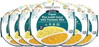Food Earth Ready to Eat Indian Meal – Five Lentil Curry with Turmeric Rice – Organic, Vegan, Gluten-Free, GMO-Free, Plant-Based – Microwavable – 10.58 oz Each – Pack of 6