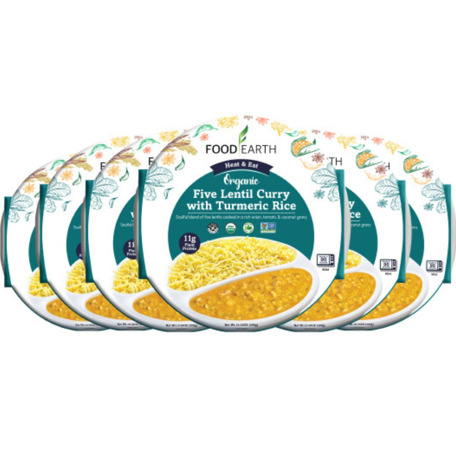 Ready to Eat Indian Meal – Five Lentil Curry with Turmeric Rice – Organic, Vegan, Gluten-Free, GMO-Free, Plant-Based – Microwavable – 10.58 oz Each – Pack of 6