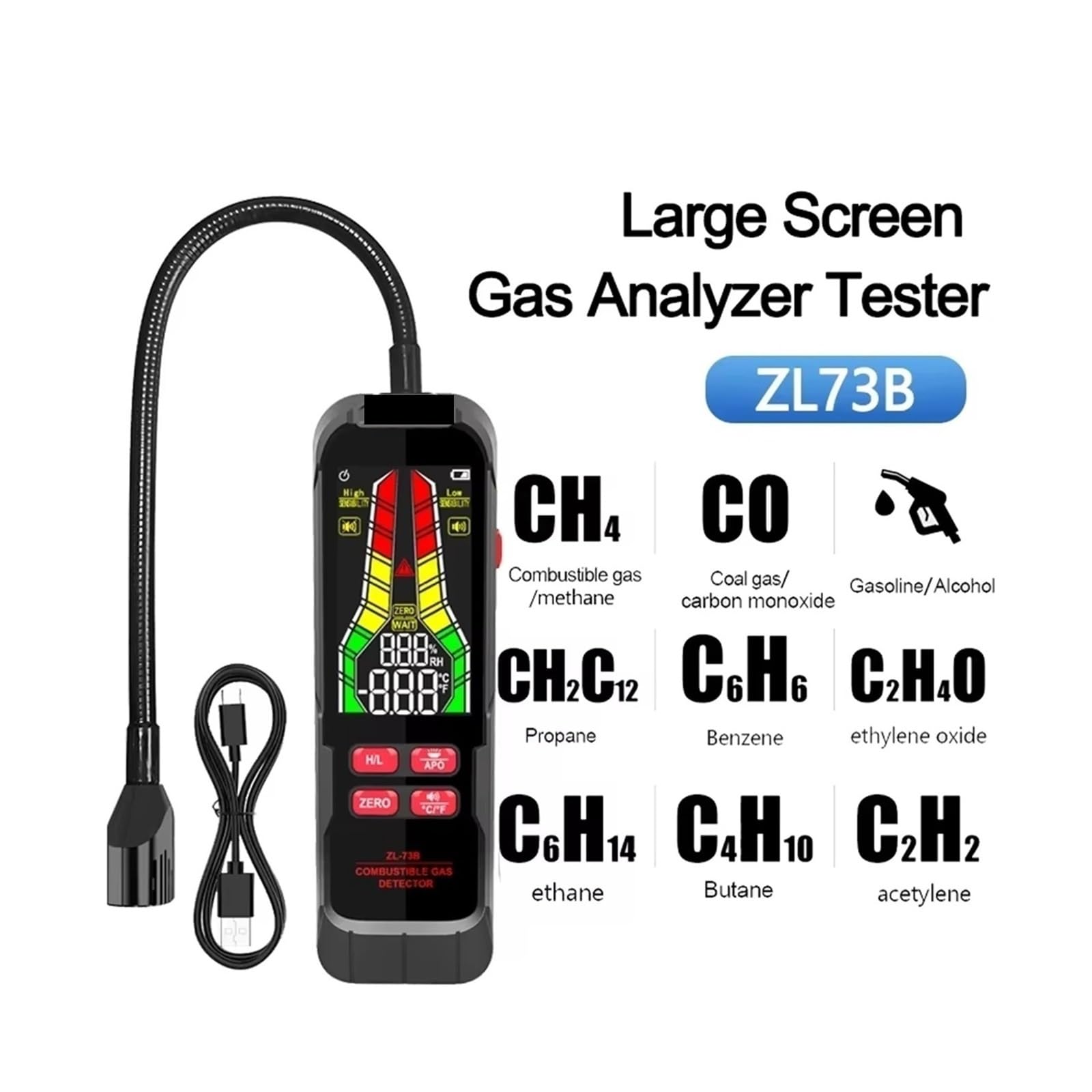 Detector de Gases, Detector de Fugas Gas ZL76B con zumbador y Pantalla LCD, Detector Combustible, analizador Temperatura Humedad, Herramienta Prueba eléctrica(ZL73A Battery)