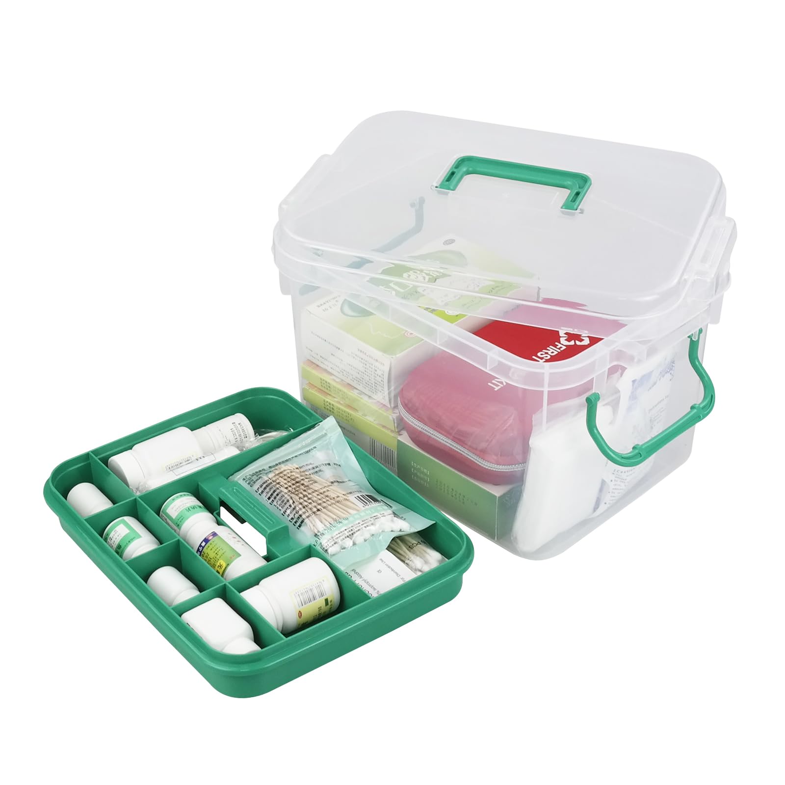 Portatore di pronto soccorso in plastica, 2 strati con scomparti, organizer per medicine di famiglia, 1 pezzo, trasparente