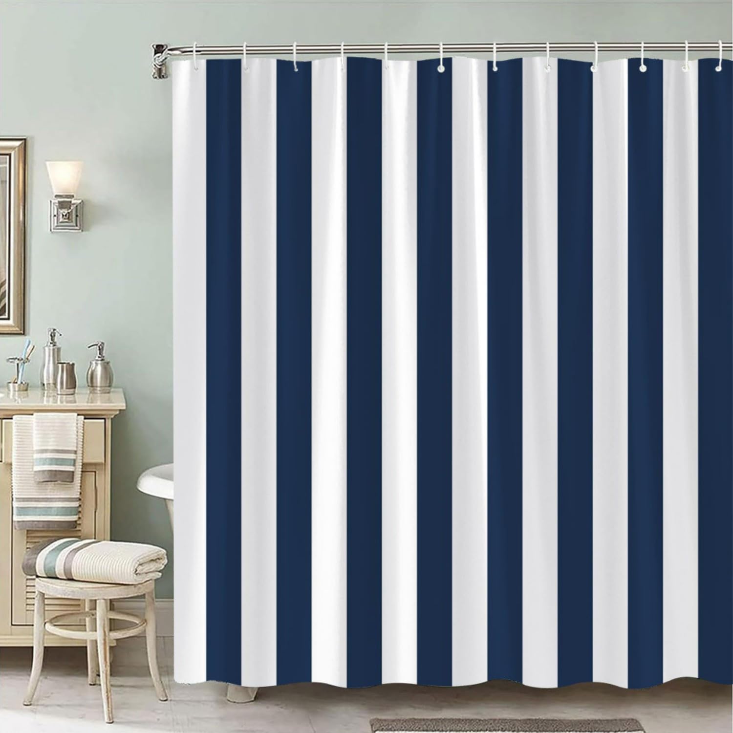 Rideau de douche pour grande baignoire textile imperméable rayé bleu marine 200x230