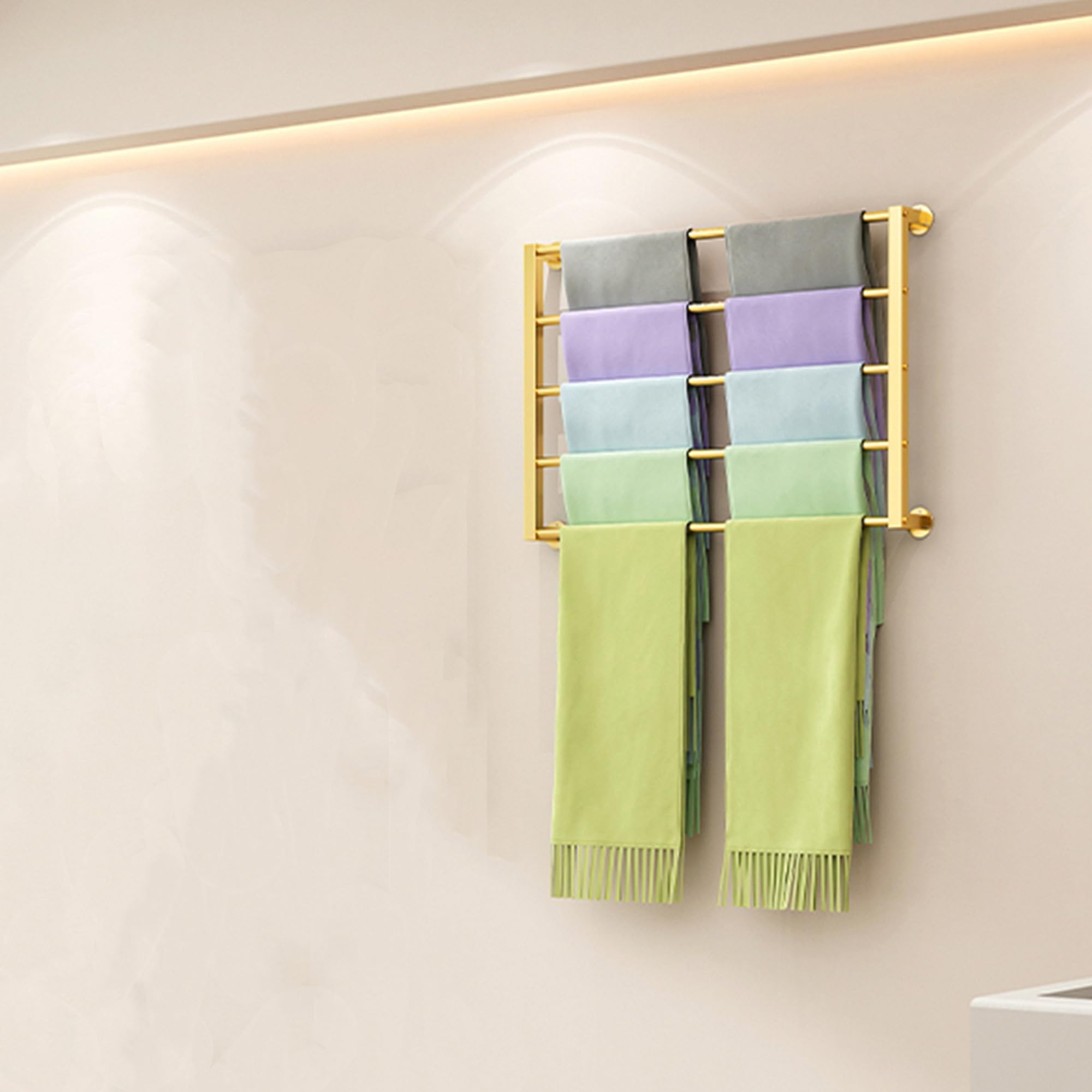 UWYTGF Large Wall Mount Scarf Rack,Commercial Retail Display Holder for Bedroom Closet,Hanging Silk Scarf Hanger Stand,for Clothes,Shawls,Wraps,Towel,Gold,9 Layer 80X120Cm,5 Layer 80X60Cm