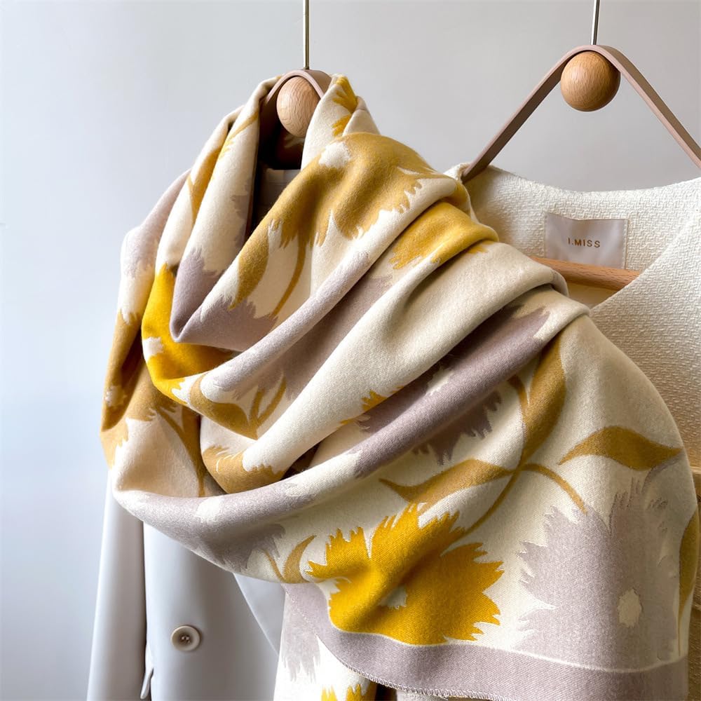 Women's Blanket Chunky, Pashmina Shawls Wraps Oversized Winter & Fall Warm Scarfs Soft Cashmere Feel for Women (Beige Yellow-Flower) - Image 3