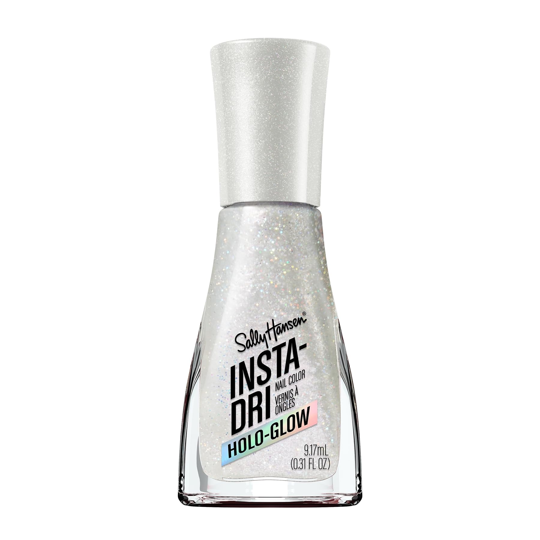 Sally Hansen Insta-Dri Holo-Glow Nail Polish | Quick Dry, Long Lasting, Streak-Free Shine | Semi-Opaque, Shimmer | 101 Shine Bright | Holographic Light Grey Nail Color