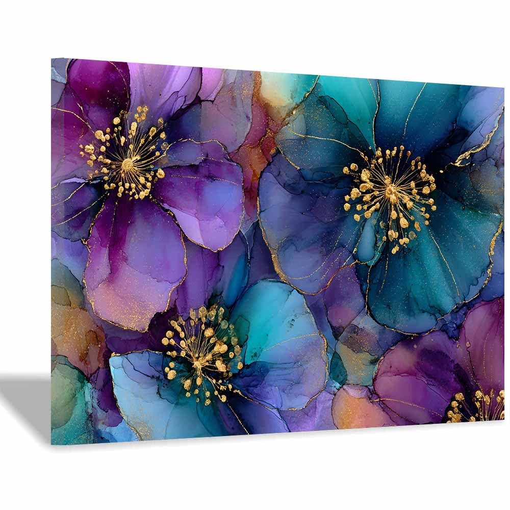 Xeniou Multicolor Flower Posters Teals Purple Gold Floral Art Canvas Wall Art, For Bedroom Bathroom Living Room Home Wall Decor(Multicolor)-60X90cm Framed