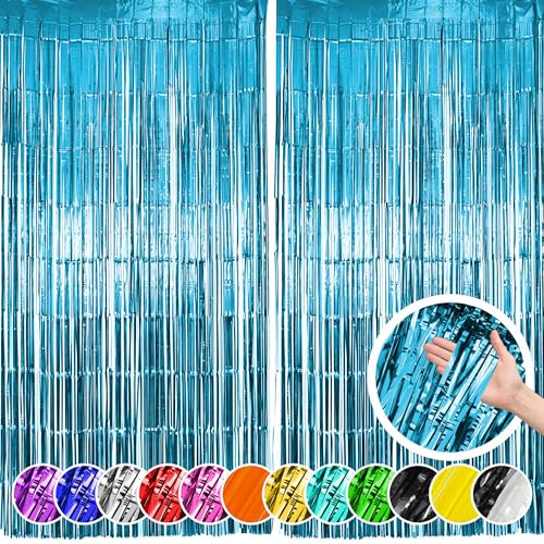 Image of Hampton Distribution 2 Pack Light Blue Fringe Foil Backdrop Curtains, Light Blue Tinsel Streamers Party Backdrop, 3.28 ft by 6.56 ft, Blue Party Decorations
