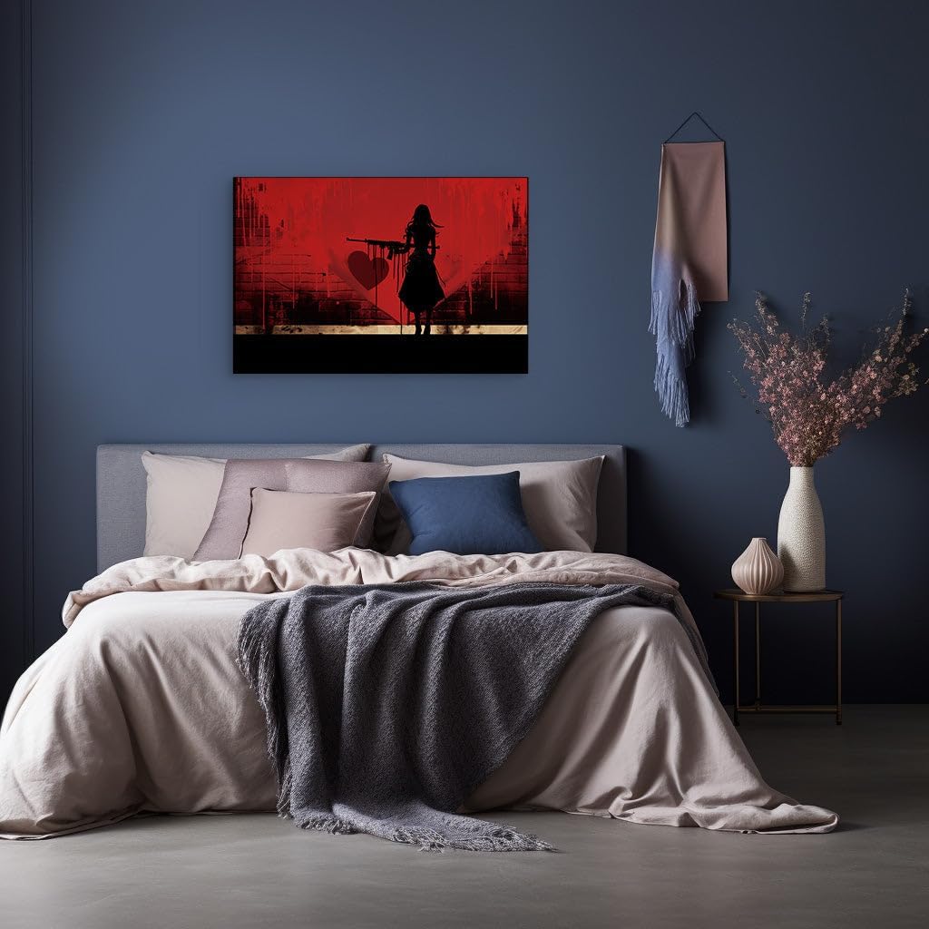 Canvas for Living room. Gun in Grace: A Femme Fatale's Silhouette Against the Heart of Danger, 27 x 18 inch Canvas Wall Art - Modern Home Decor - 69x46 cm (27x18 inch)
