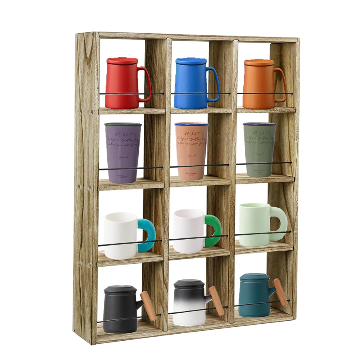 Wandmontiertes Kaffeebecher-Präsentationsregal, 43,2 x 63,5 cm, großes Holzregal, Becherhalter, Schattenbox, Regal, rustikales Becherregal, Schnapsgläser, Vitrine mit 12 Fächern (Carbon)