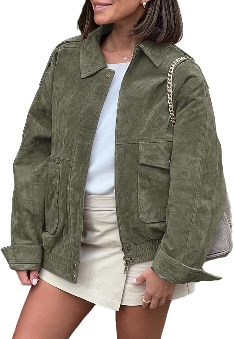 chouyatou Women Vintage Faux Suede Jacket Zip Up Bomber Jacket Lapel Collar Cropped Biker Moto Jacket Coat