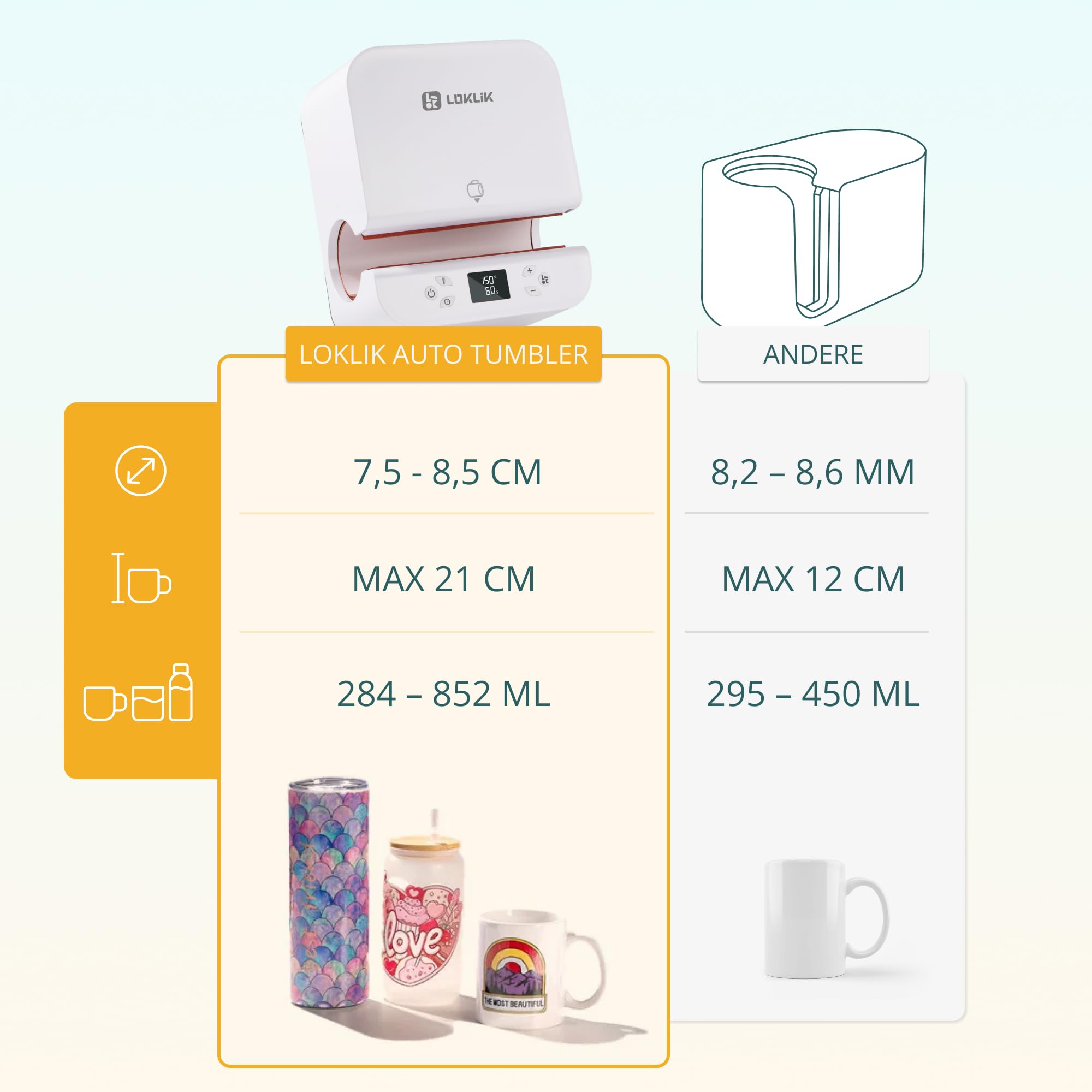 LOKLiK Auto Tumbler Heat Press für Becher – Tassenpresse für Sublimation, Flexfolie, Vinyl