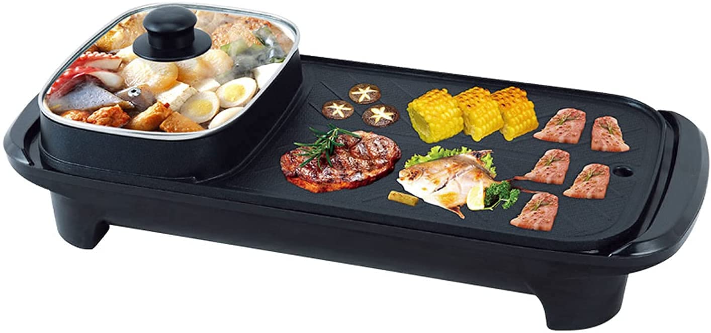 Inllex 2 in 1 Portable Electric Grill, Smokeless Electric Barbecue Grill Indoor Hot Pot Chafing Dish, Large Capacity Household Electric Cooker with Temperature Adjustments for Kitchen Dinner Party-image-11