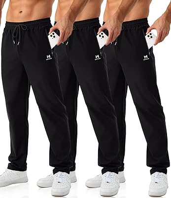 Mens Joggers with Zipper Pockets Open Bottom Sweatpants for Men 3 Pack Lightweight Track Pants Men for Workout,Gym