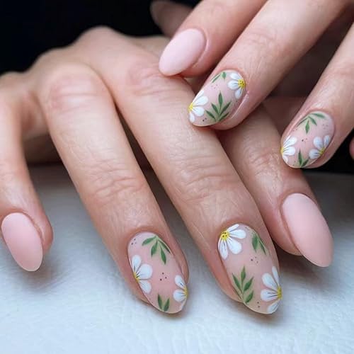 BettyCora - Uñas cortas a presión, uñas de almendra mate, 24 puntas de uñas postizas con pegamento para uñas