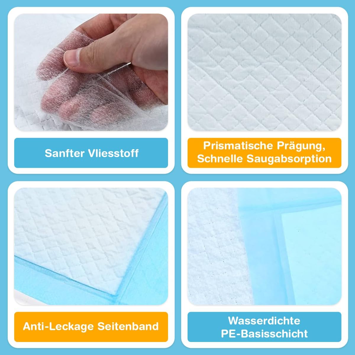Welpenunterlagen 60x90 cm, Trainingspads für Hunde, 50 Stück, Auslaufsicher und Strapazierfähig mit Schnell Trocknender Oberfläche, PIPI Matten, Blau-Weiß