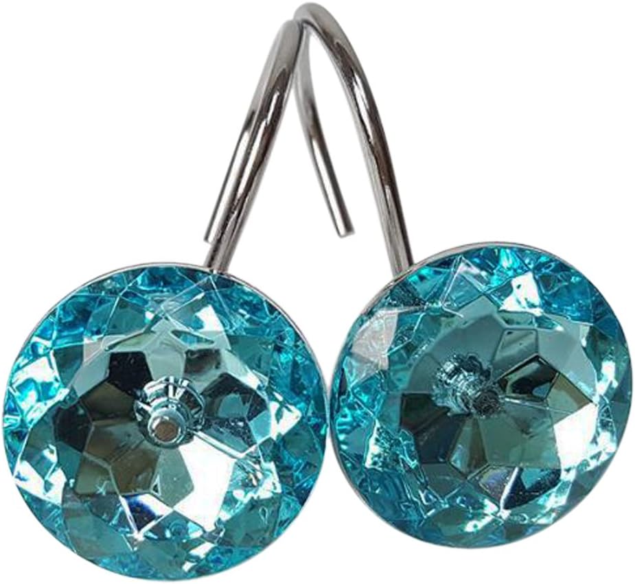 Set of 12 Rhinestone Decoration Stainless Steel Ring Shower Curtain Hook Multi Color Options Crystal Design Shower Curtain Hooks Hangers (Lake Green)