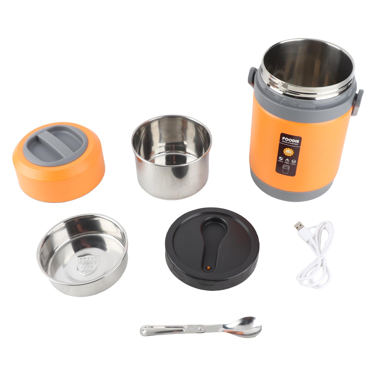 SIXRUN Kochtopf, 2 L Tragbarer Lebensmittelbehälter aus Edelstahl mit 304-Tablett, Wasserbeständiger IPX5-Hebetopf mit Konstanter Temperatur, 3 Plus 1 Behälter für Reisen, Camping, Büro (ORANGE)