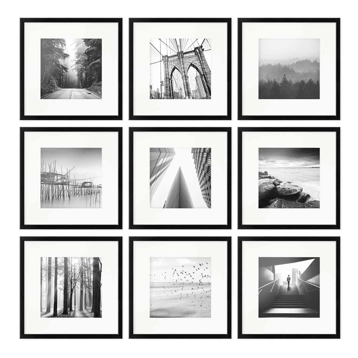 PHOTOLINI Marcos 30x30 cm negro madera MDF, set de 9 marcos para pósteres con paspartú 20x20 cm, cristal acrílico, para colgar y poner de pie, incluye accesorios - para fotos, láminas y pósteres