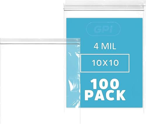 GPI - 100 bolsas con cremallera de 10 x 10 pulgadas, resistentes de 4 mil de grosor, bolsas de polietileno transparentes con cierre resellable con