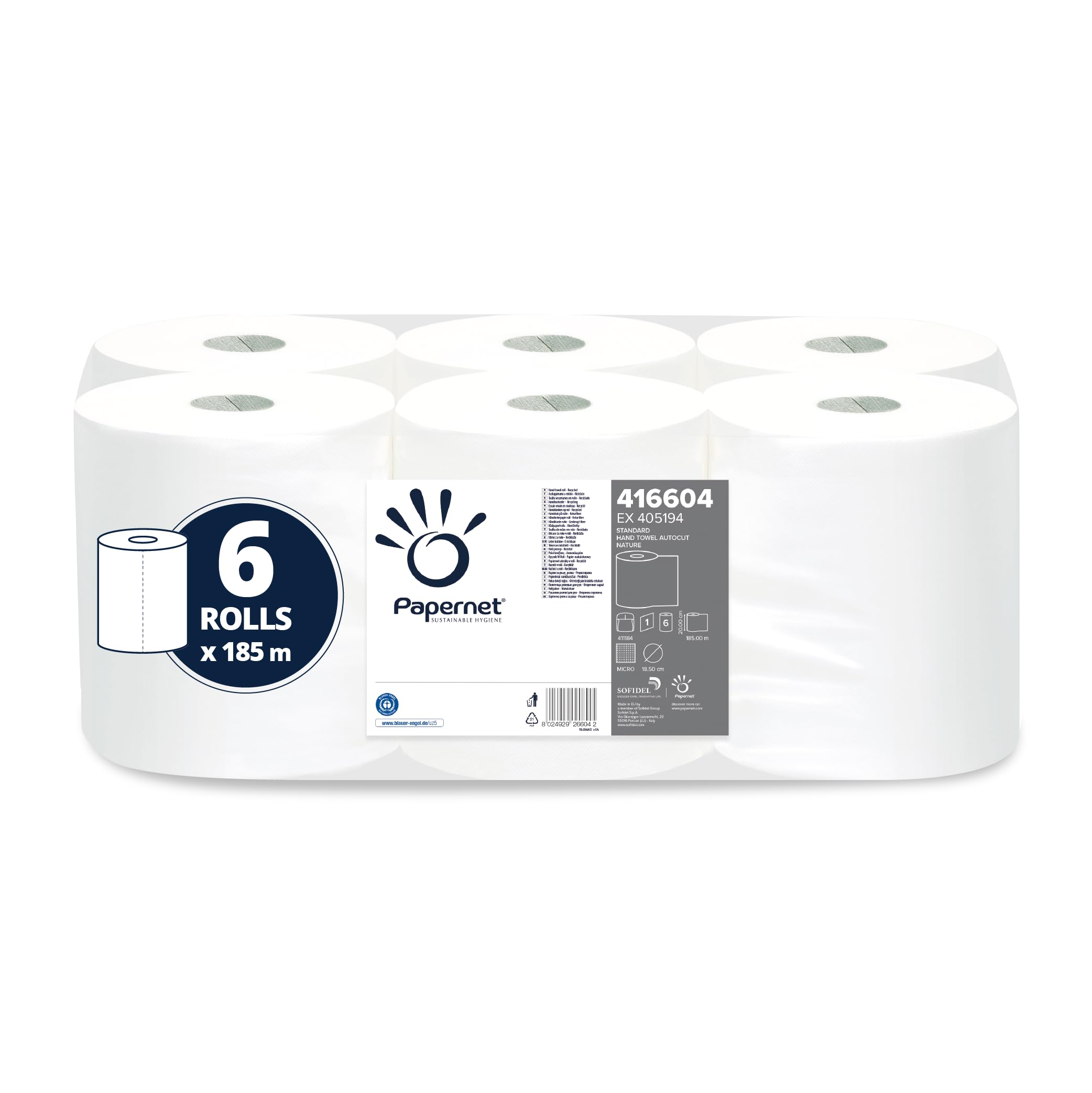 Papernet - Autocut Roll Towel 416604, 6 Rolls of 185m Paper Towels, Made from Recycled Paper, 1 Ply, Roll Diameter 18.5cm