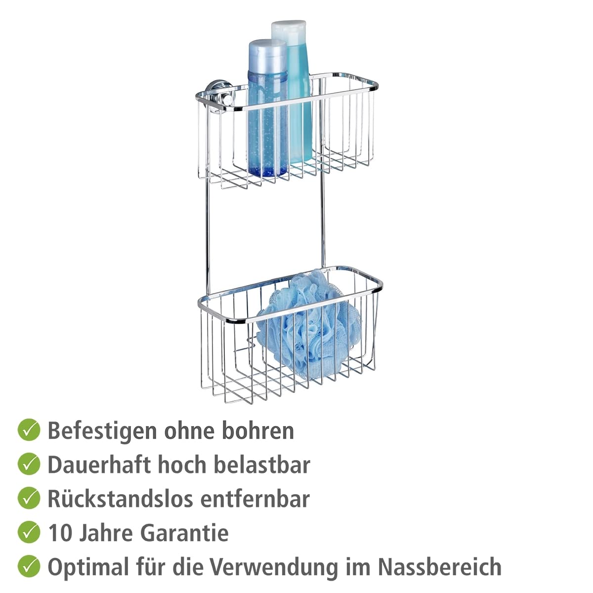WENKO Power-Loc® portaoggetti da parete a 2 piani in acciaio inox Bovino, Acciaio inossidabile, 22.5 x 35 x 12 cm, Lucido