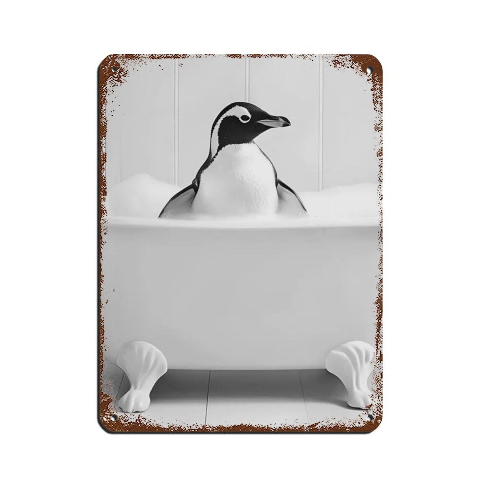 Penguin in The Bathtub, Cute Bathroom Art Tin Sign Vintage Metal Pub Club Cafe Bar Home Wall Art Decoration Poster Retro 12x16inch(30x40cm)