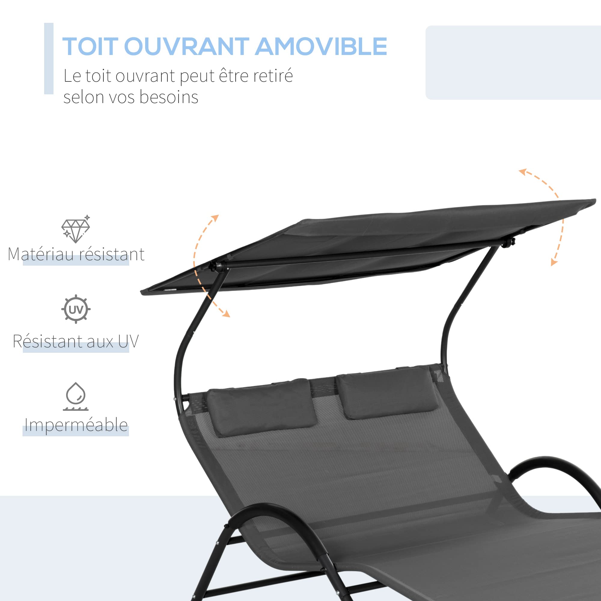Outsunny Bain de Soleil 2 Places transat avec Toit réglable Appui-têtes et roulettes en Acier et Polyester dim. 200L x 137l x 138H cm Gris foncé