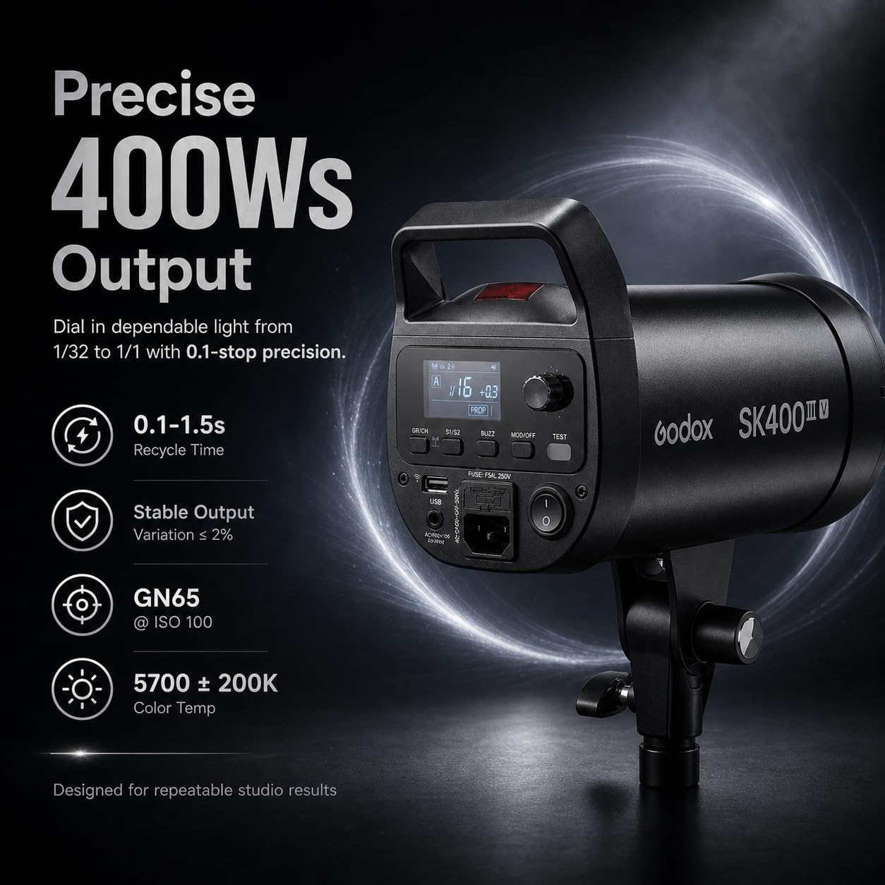Godox SK400III-V Flash da Studio 400Ws con Riflettore Standard, GN65 5700K Strobo Professionale con Lampada Modellante LED 10W, Riciclo 0.1-1.5s, Sistema X Wireless 2.4G Integrato e Attacco Bowens