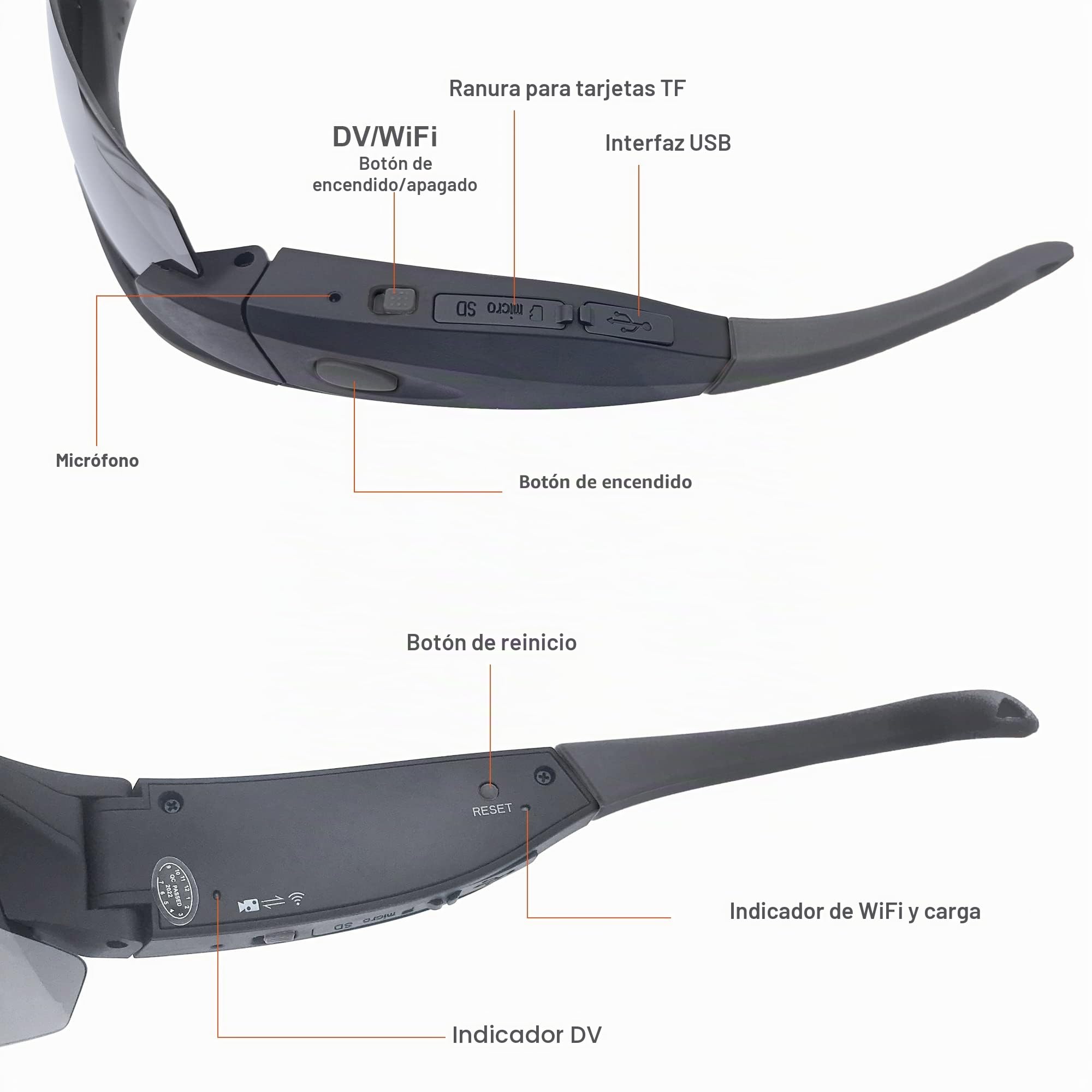 Gafas de sol con cámara WiFi, gafas de captura de video HD 4K con protección UV400, lentes polarizadas para deportes al aire libre, compatible con iOS y Android, tarjeta TF de hasta 256 GB