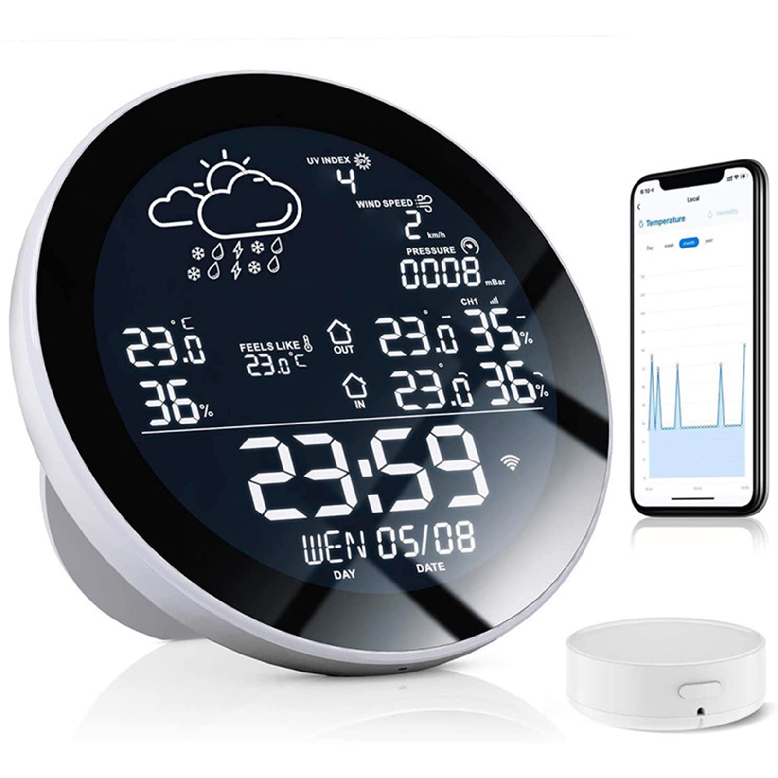 Stacja pogodowa WiFi Smart z pilotem Tuya APP i czujnikami, miernik temperatury i wilgotności wewnątrz i na zewnątrz, duży kolorowy wyświetlacz, zegar pogodowy, barometryczny, z 1