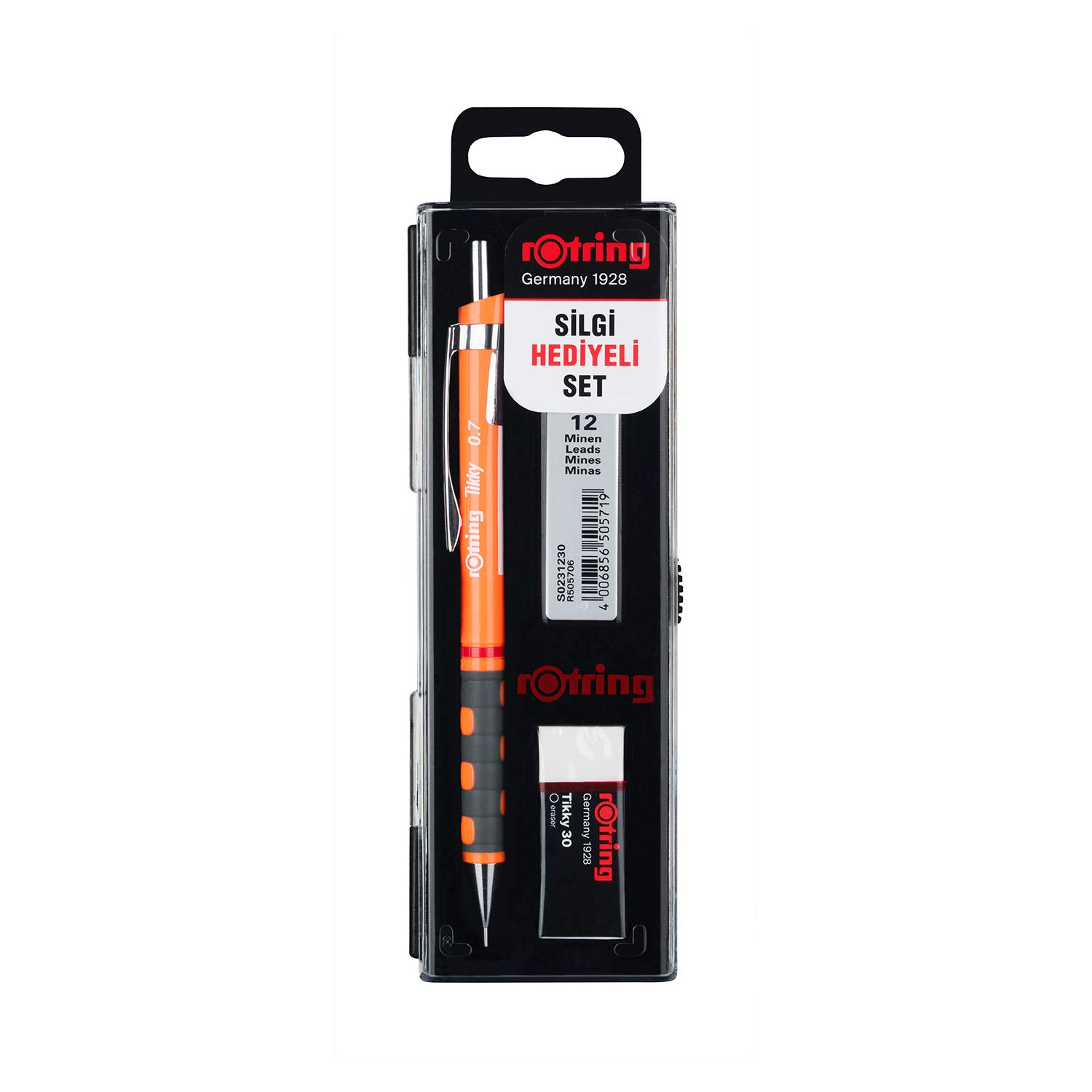 rOtring Tikky Mekanik Kurşun Kalem, Uç ve Silgi Seti, 0,7 mm Kalem, 2B Uç, Orta Boy Silgi, Neon Turuncu, 3'lü Set
