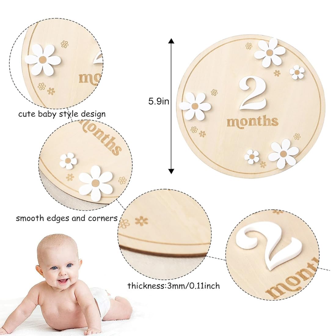 UZEXYO 1 PC Baby Monthly Milestone Cards, Milestone Baby Cards, Wooden Baby Milestone Discs Photo Props - Image 2