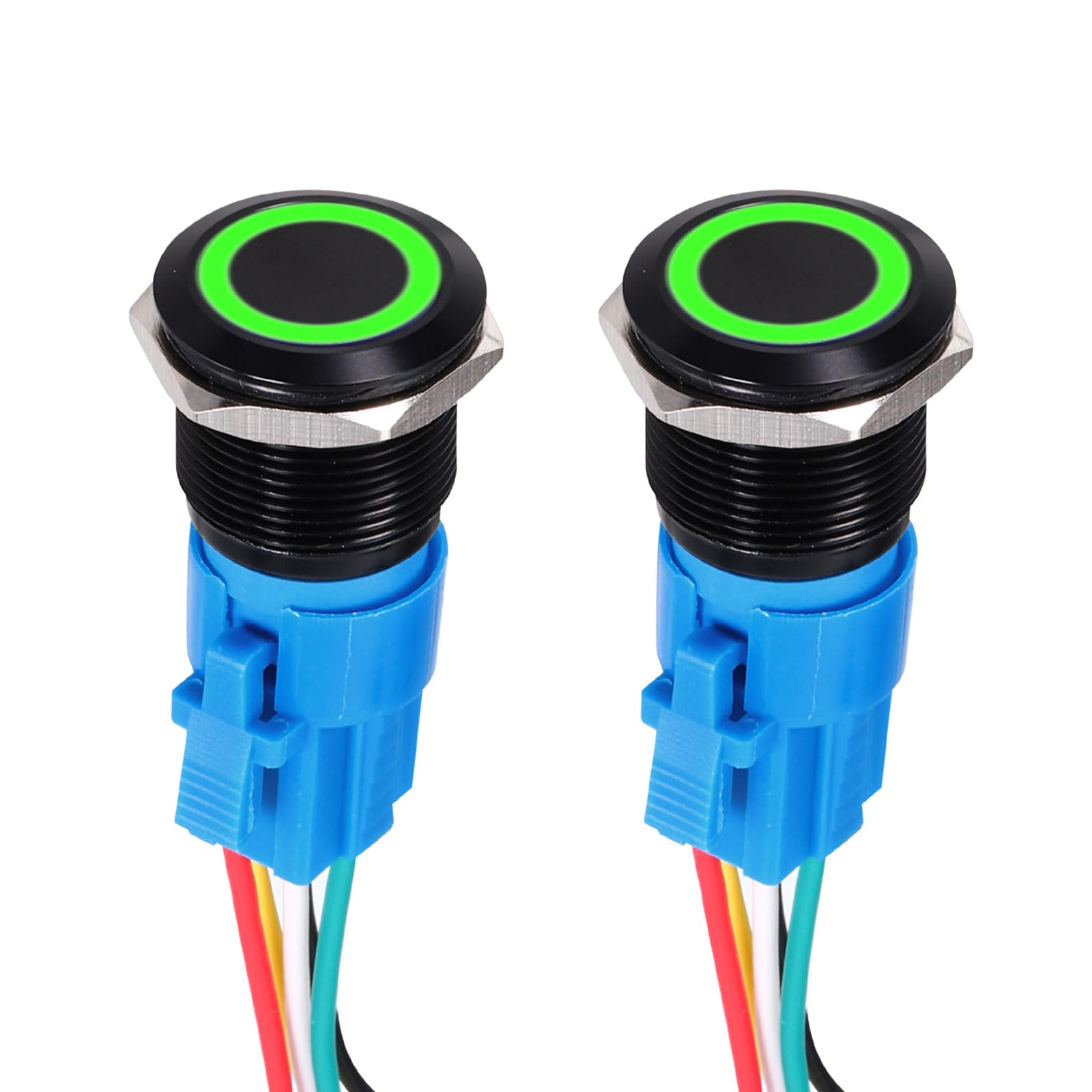 DMiotech 2 Pack 19mm / 3/4" Aluminium Alloy Latching Push Button Switch Flat Head 3A 12-24V Black Shell 5 Pin with Cable Socket Green Ring LED 1NO1NC for Car Boat Systems Custom Setups